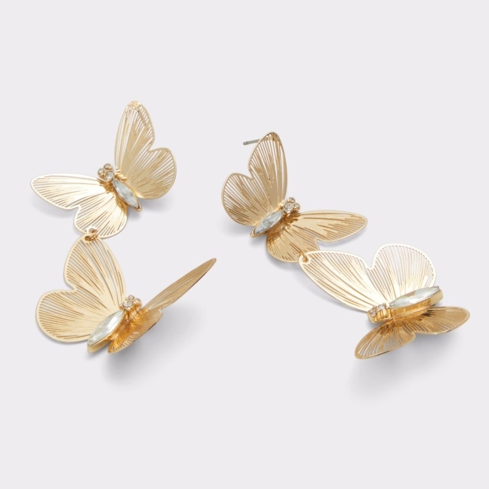 Aldo Gold Butterfly Drop Earrings Comes W Accessory Pouch - Picture 2 of 4
